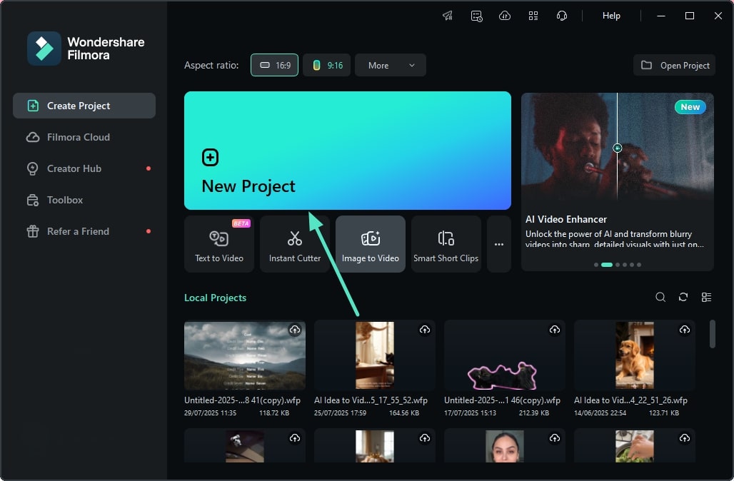 new project filmora desktop