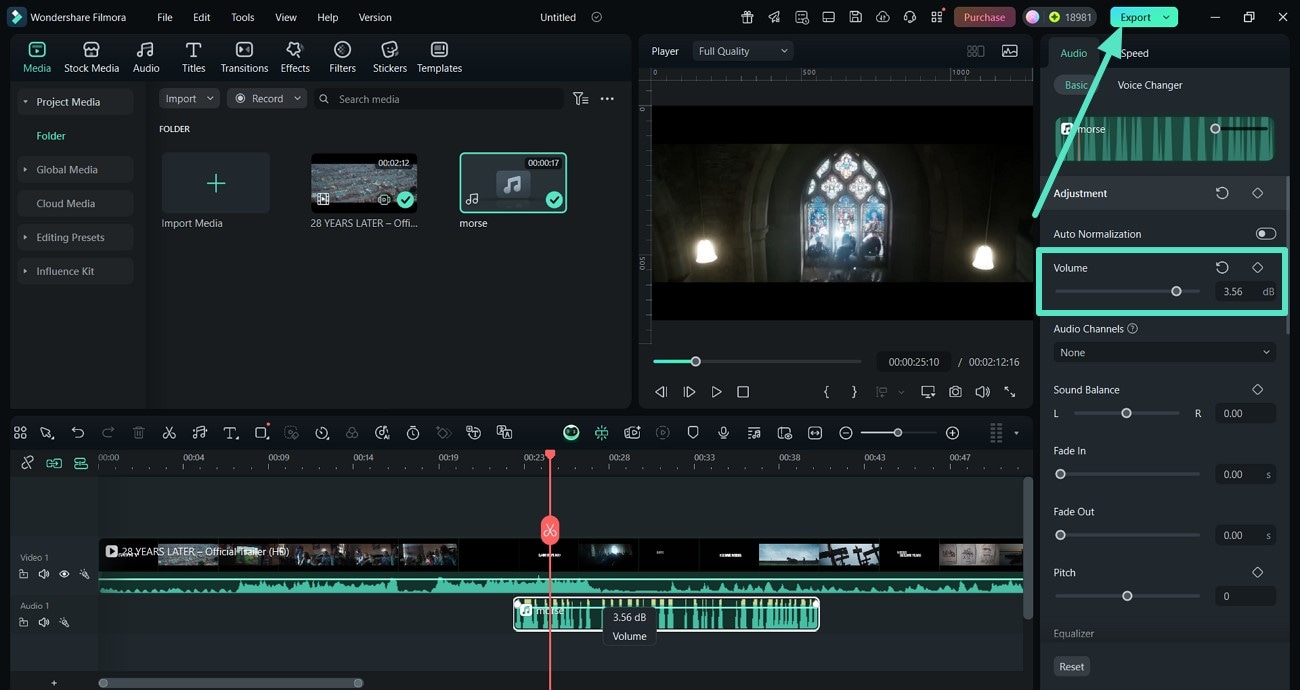 export merge mp4 and mp3 filmora