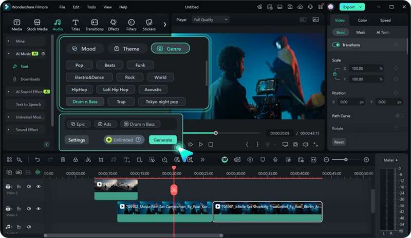 filmora ai music generator feature