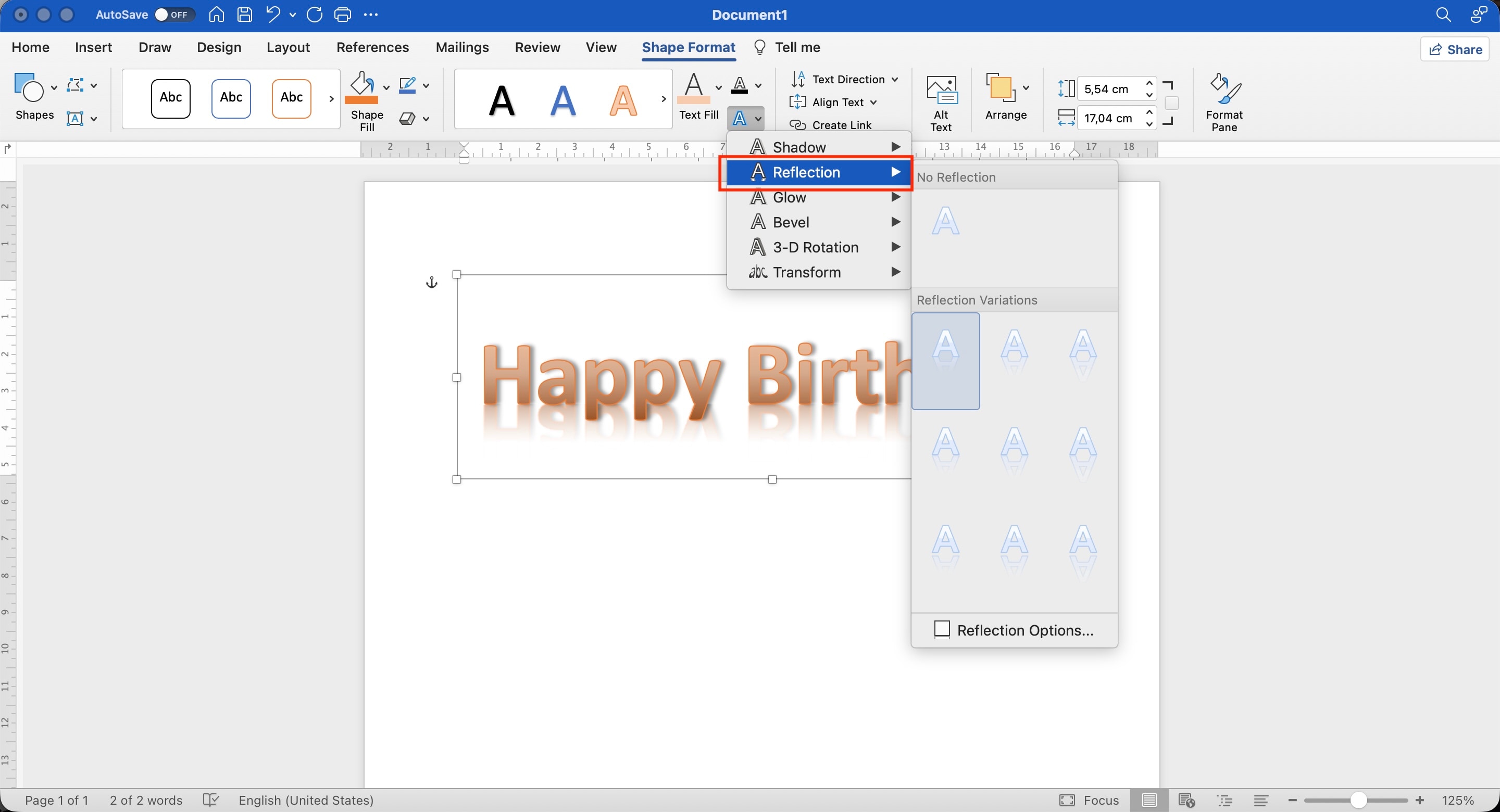 apply wordart reflection