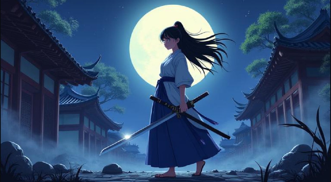 samurai girl with wind-swept hair