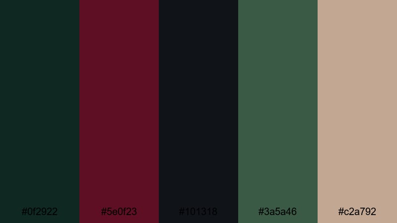 midnight cedar noir green burgundy color palette with hex codes