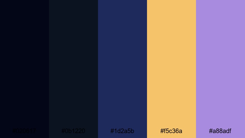 midnight cinema glow starry sky color palette with hex codes