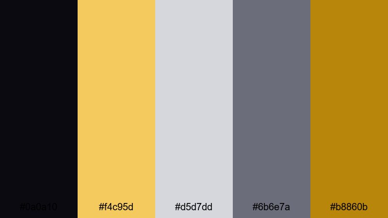 midnight gala metals gold silver color palette with hex codes