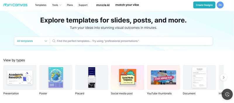 miricanvas template web homepage