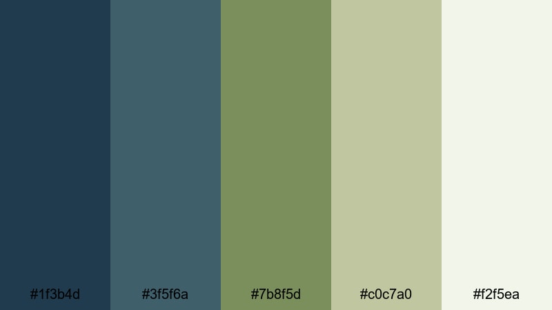 misty harbor grove blue olive green color palette with hex codes