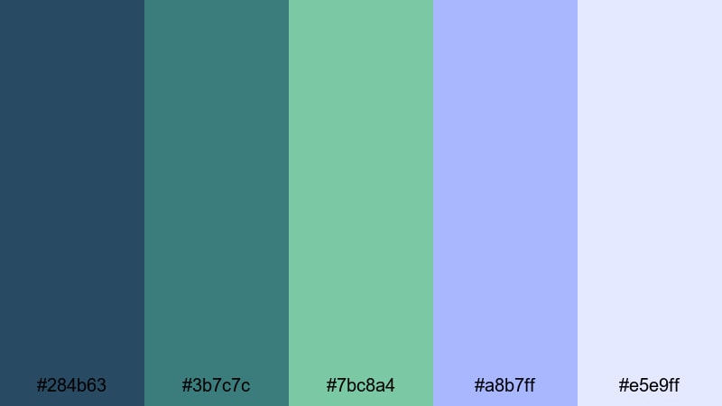 misty lagoon haze blue green purple color palette with hex codes