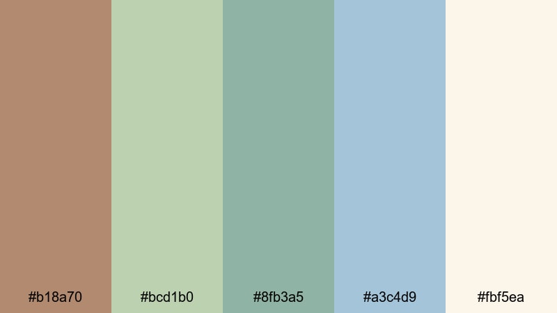 misty pines pastel brown green blue color palette with hex codes