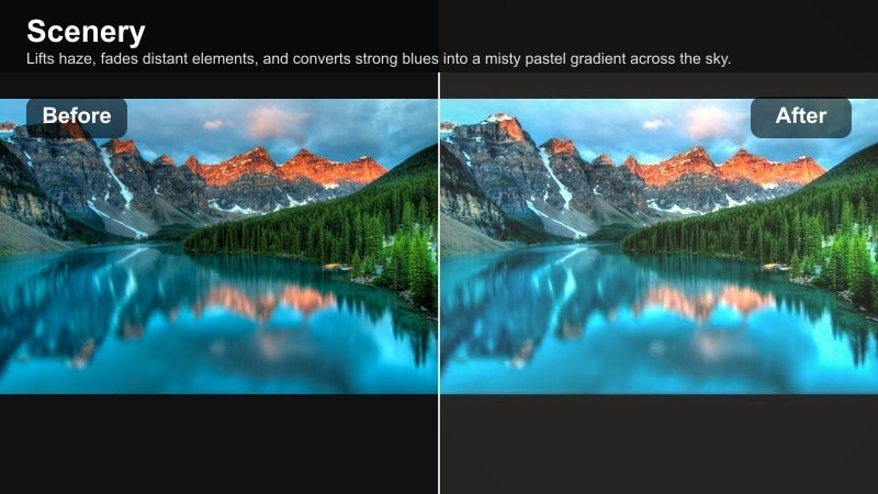 Foggy mountain landscape with a faded pastel sky and gentle haze