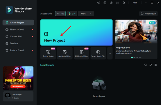Filmora new project interface