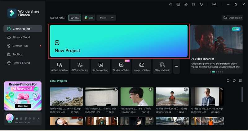 launch filmora and open new project