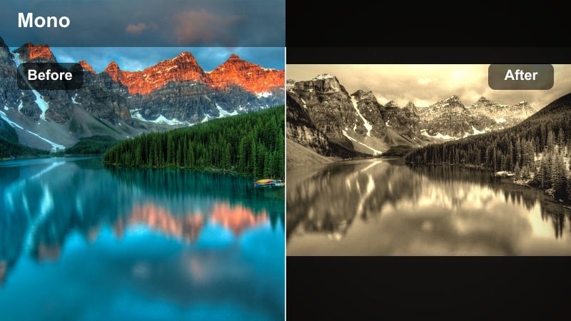 Black and white nature scene with trees and mountains