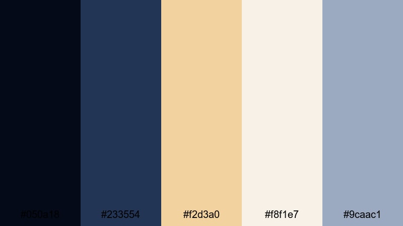 moonlit champagne foam gold dark blue color palette with hex codes