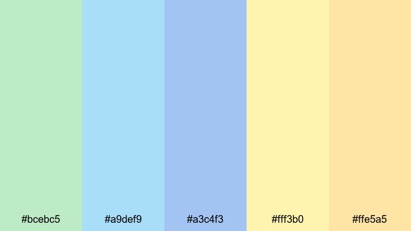 morning dew hues green blue yellow color palette with hex codes