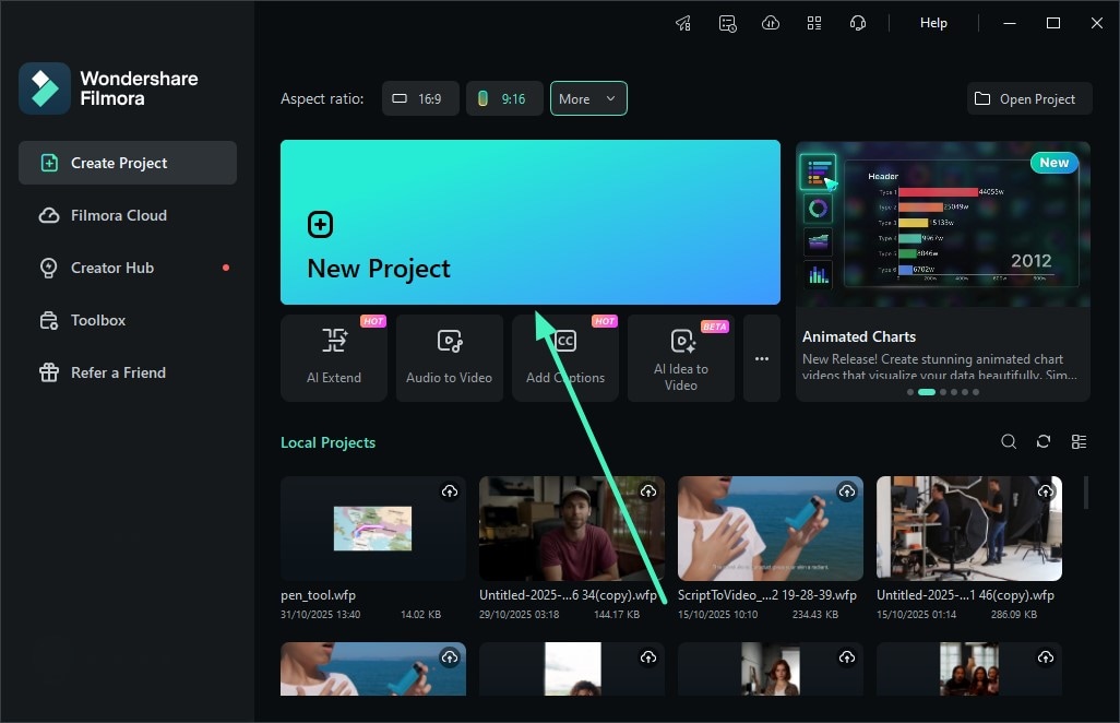 create new filmora project