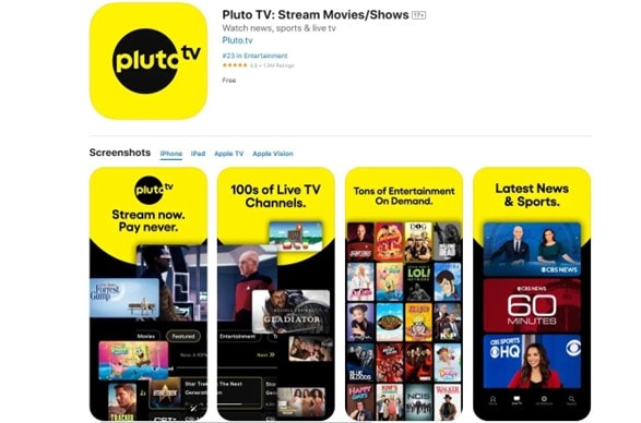page Pluto TV sur l’App Store