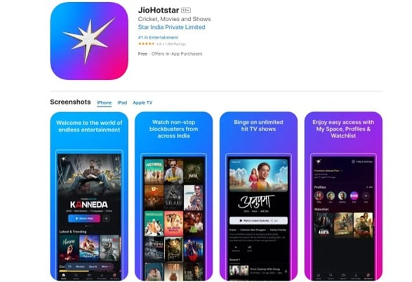 page JioHotstar sur l’App Store
