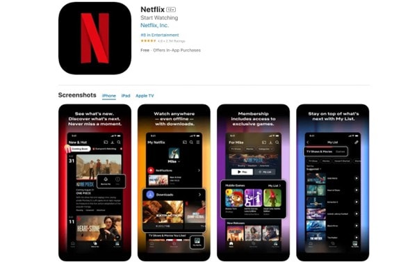 page Netflix sur l’App Store