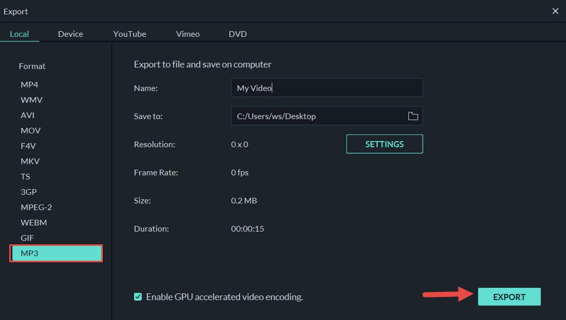 geëxtraheerde audio opslaan in MP3