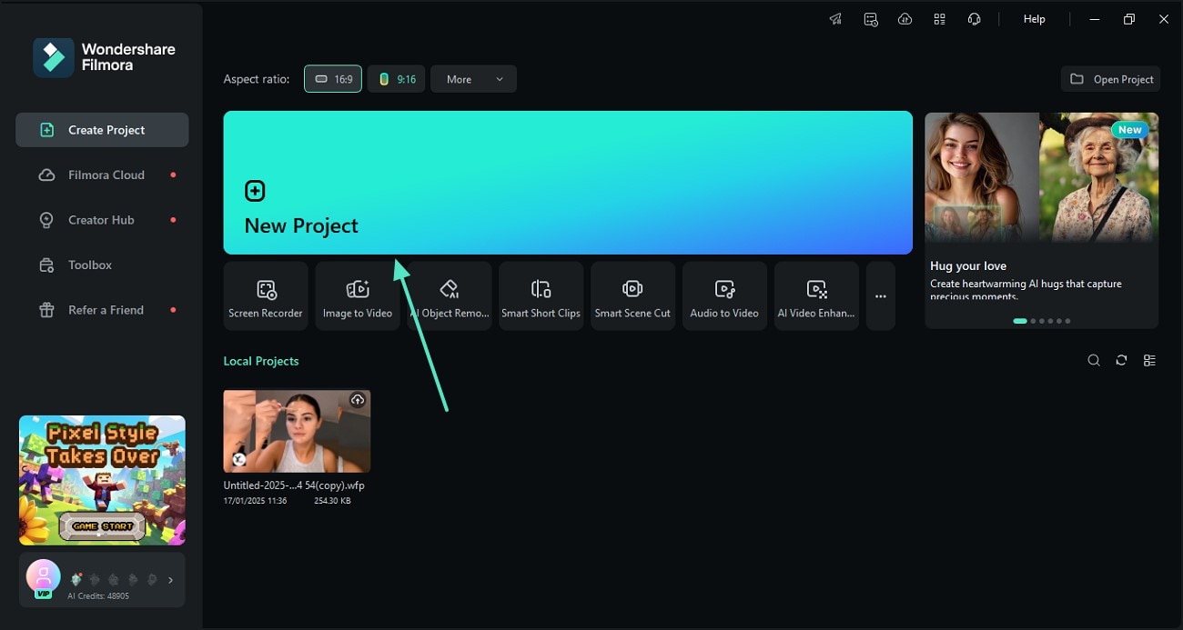 launch filmora and start new project