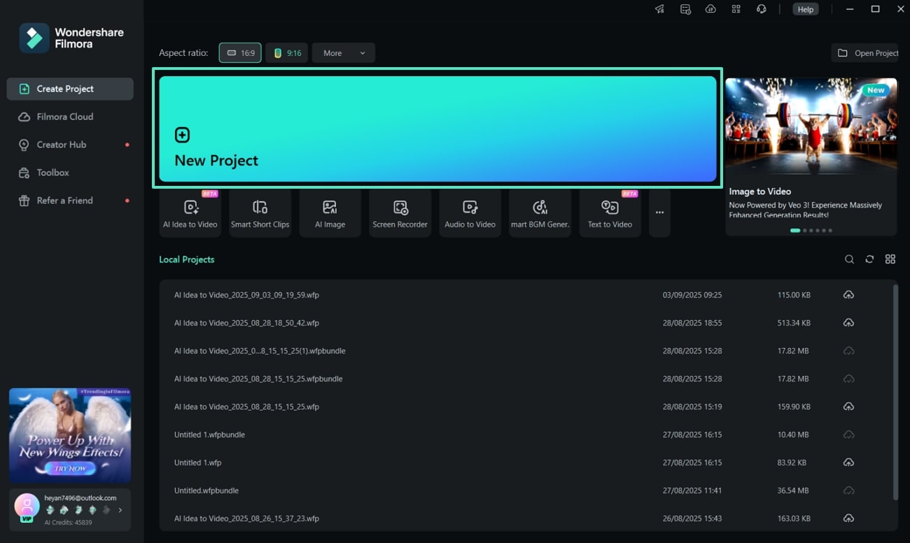 access filmora start new project