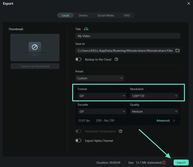 set file format gif export