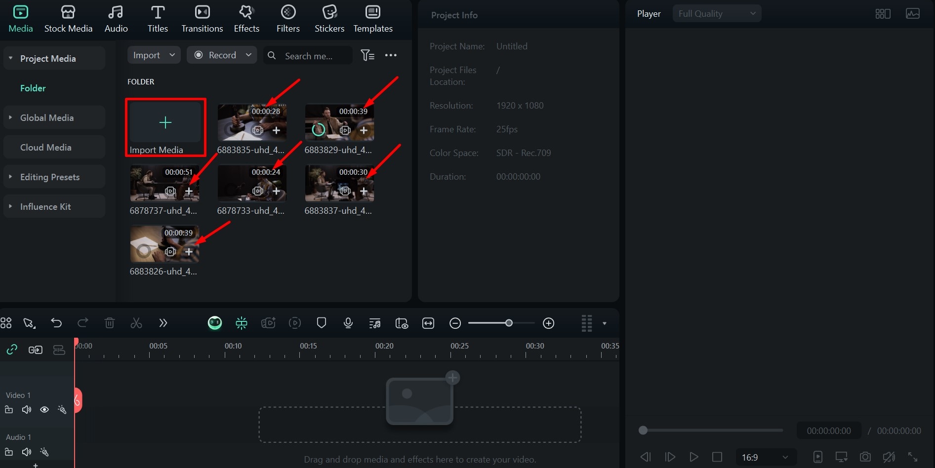 filmora import media clips