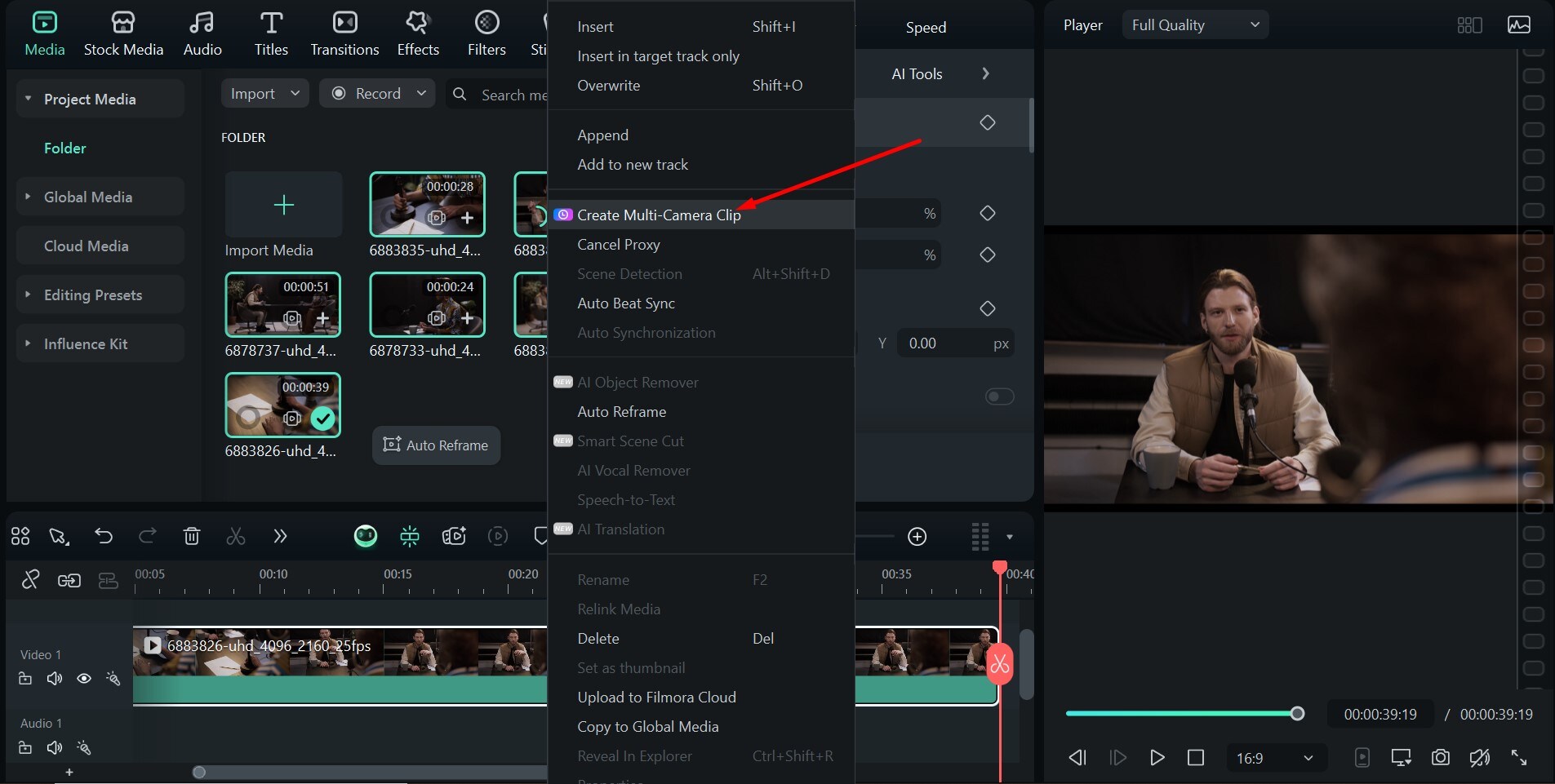 filmora create multi camera clip