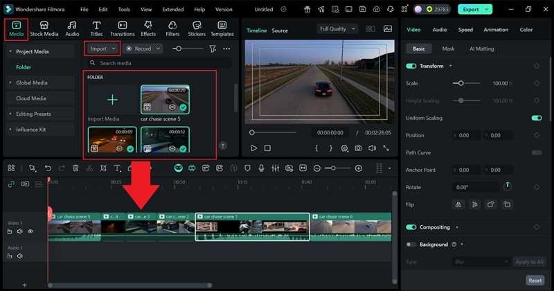 drag all your clips to timeline