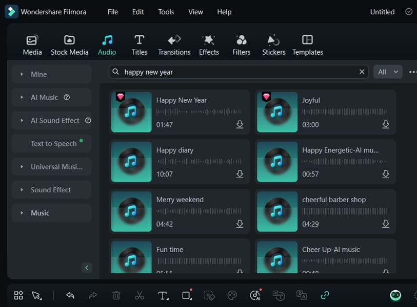 new year's songs in filmora's audio