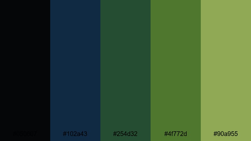 muted pixel forest black blue green color palette with hex codes