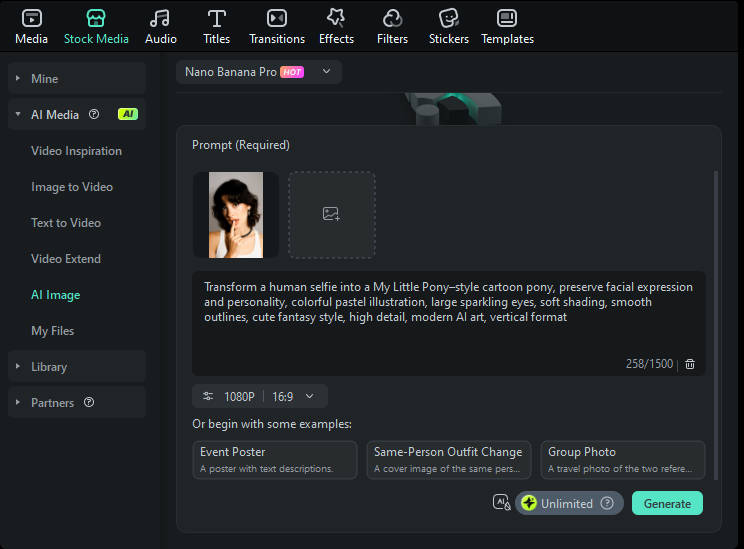 générer une image my little pony test filter dans Filmora