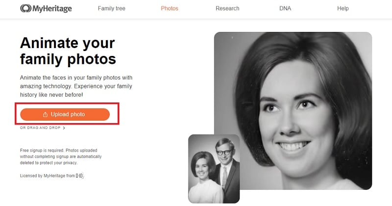 upload photo to deep nostalgia
