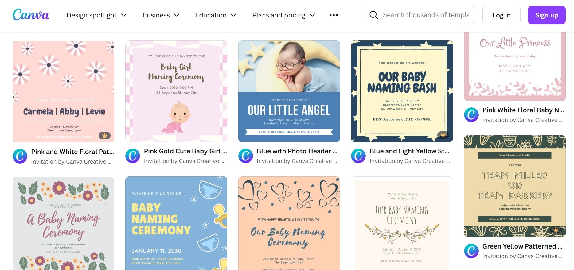 canva naming ceremony cards