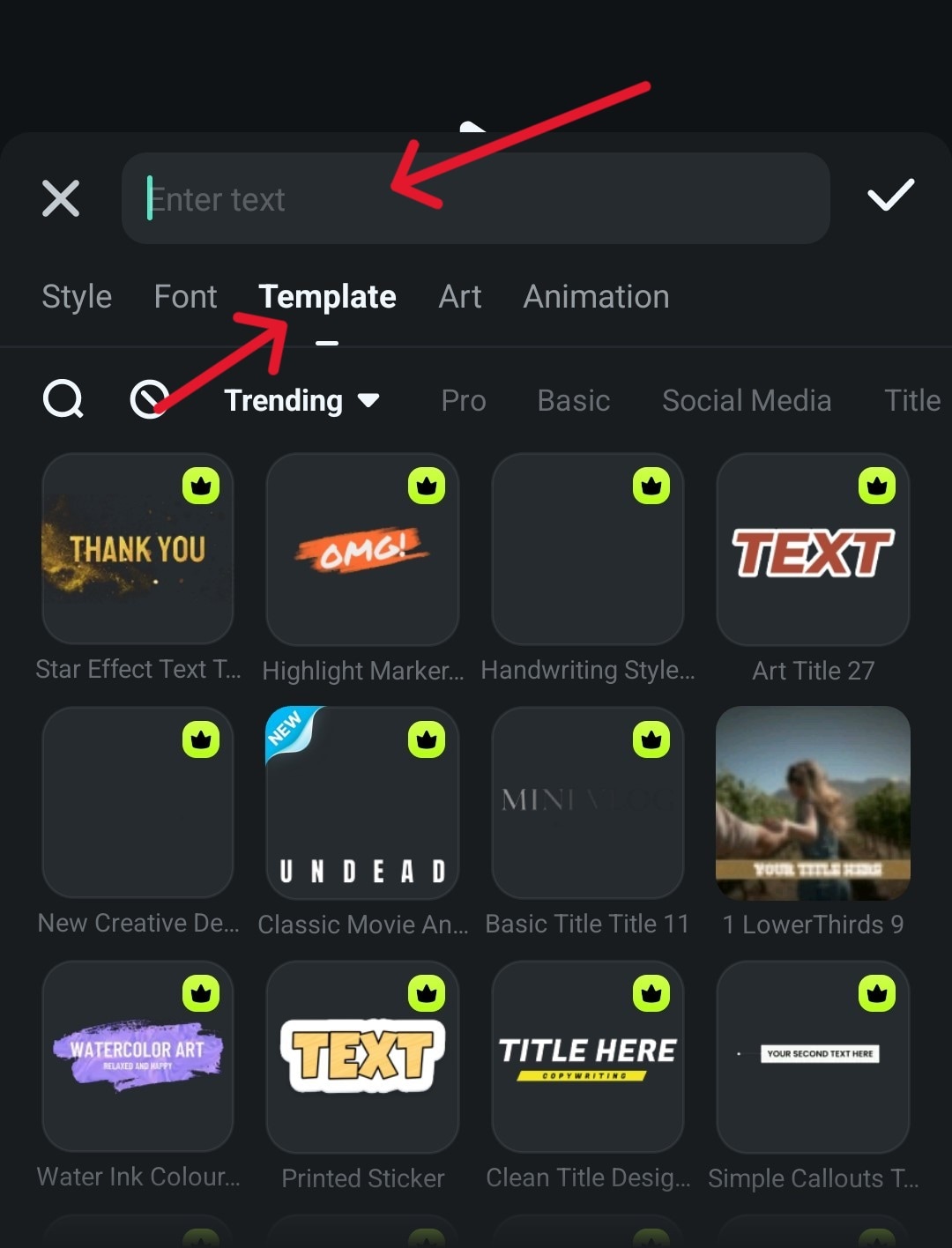 filmora mobile text template options