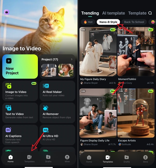 pick a nano-b style template in the filmora app