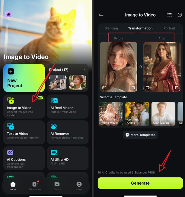 animate ai saree photos in filmora app with image to video