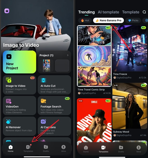 nano banana pro filmora app templates