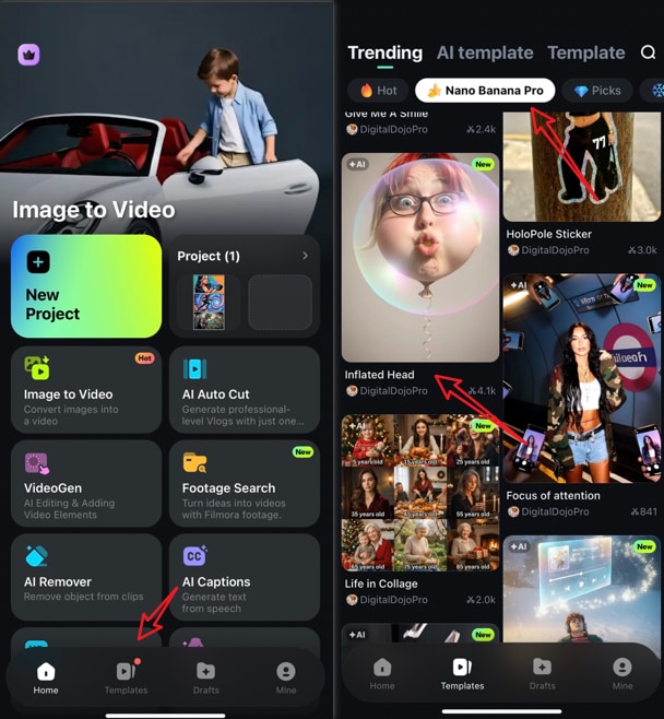nano banana pro filmora app templates