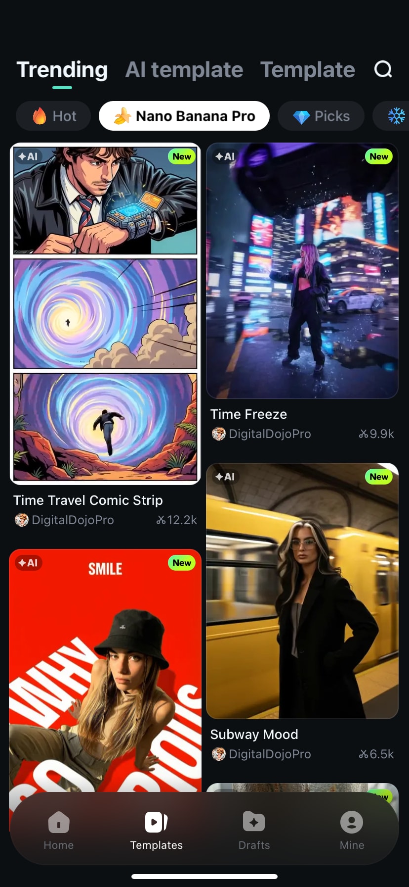 access templates on Filmora mobile