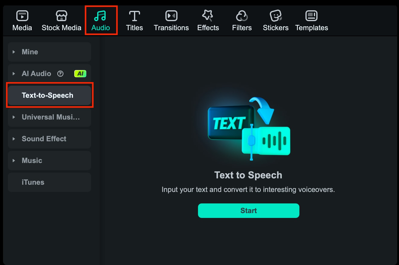 go to filmora text to speech