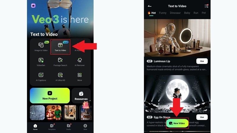 ouvrir la fonction texte vers vidéo