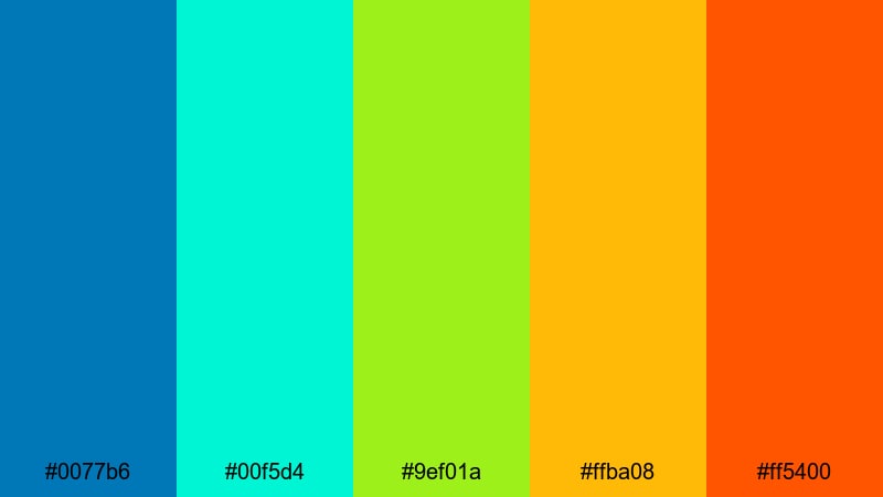 neon boardwalk nights blue green yellow orange color palette with hex codes