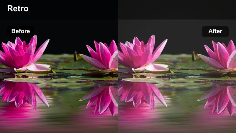 Night city street with softened neon signs and faded film look.