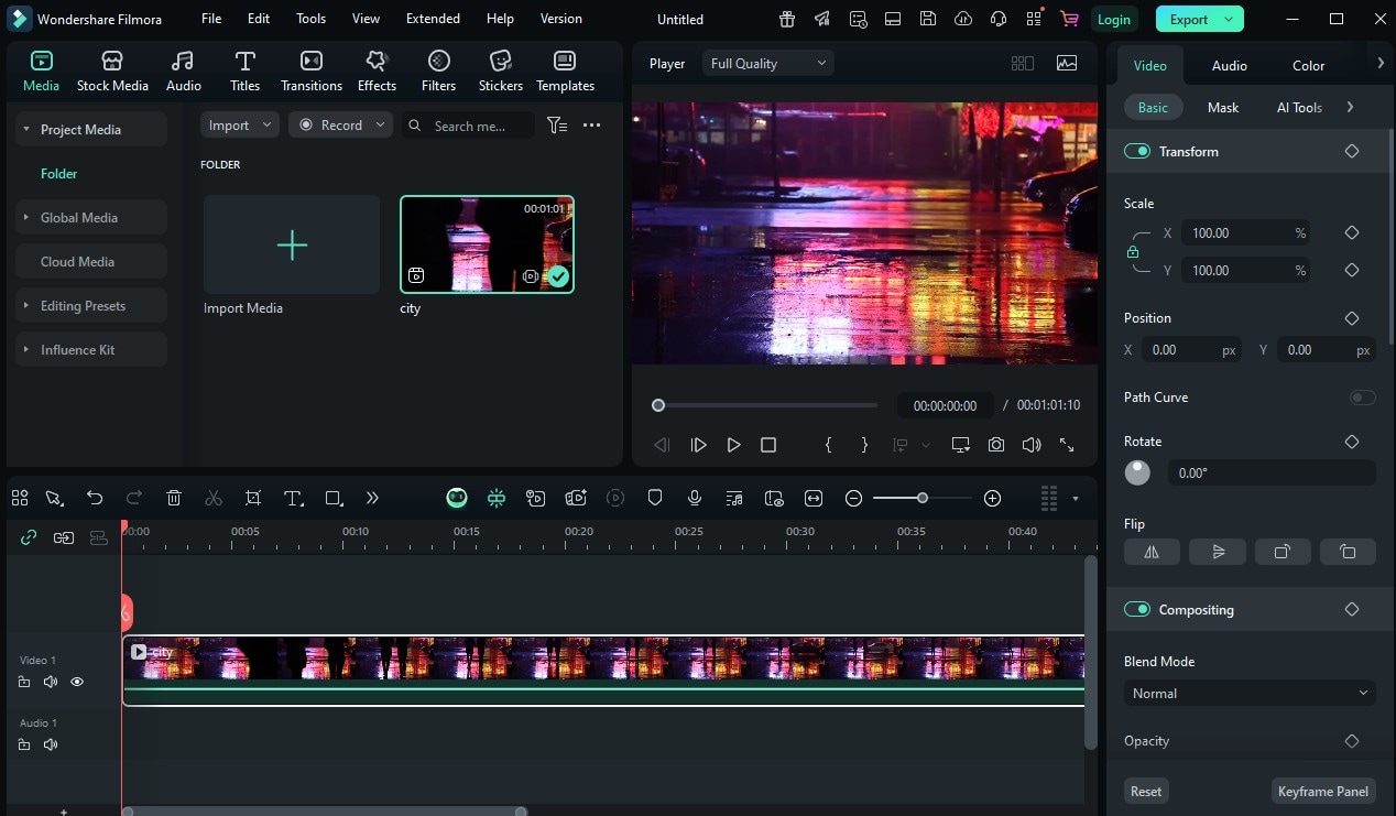 Opening a video project in Filmora dashboard