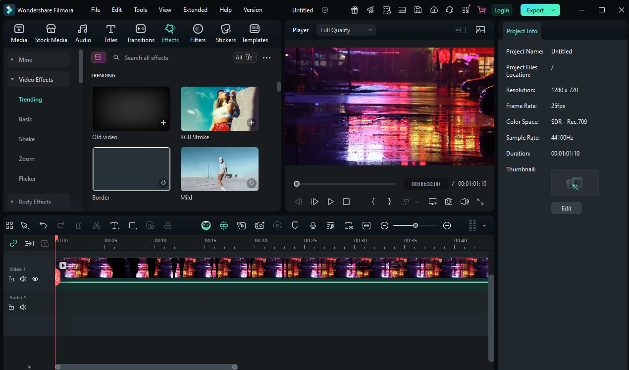 Filmora effects menu showing filters and overlays tab
