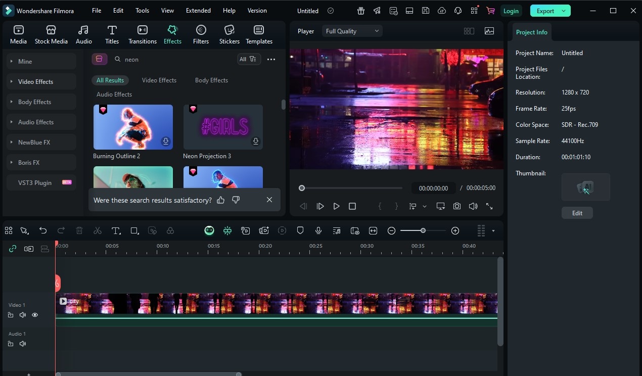 Searching for neon filter effects in Filmora's effect search bar