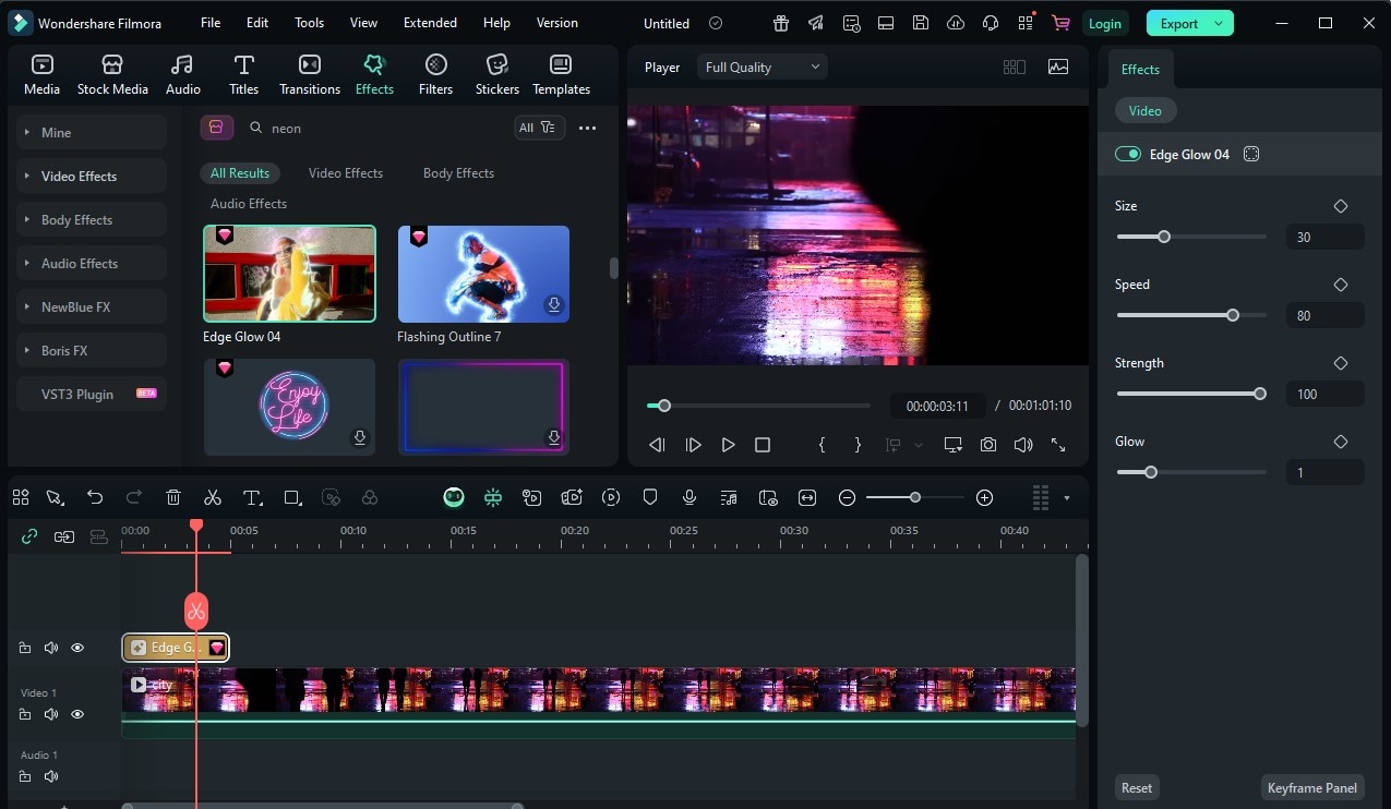 Applying a neon glow filter to a video clip in Filmora
