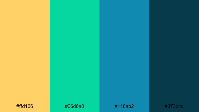 neon harbor skyline gold blue green color palette with hex codes