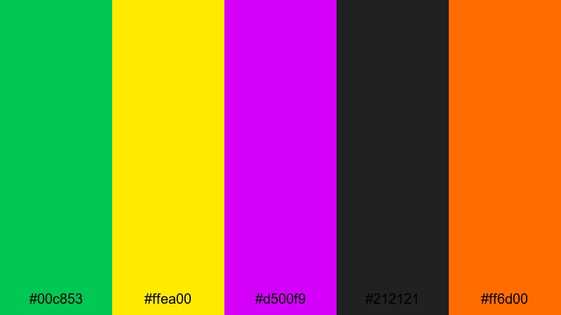 neon night market green yellow purple color palette with hex codes
